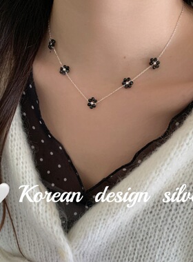 韩国ins风高级感银饰品 S925纯银黑玛瑙花花拼接项链简约创意