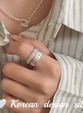 韩版东大门小众ins风银饰品 S925纯银简约宽版线条素圈戒指高级