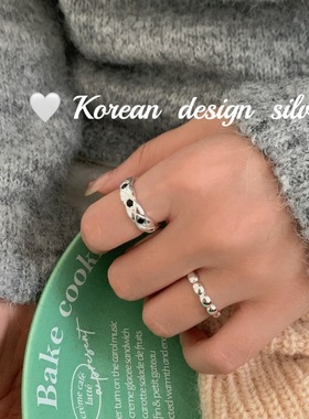 韩国轻奢小众设计高级感指环 S925纯银ins风黑锆石华夫格戒指
