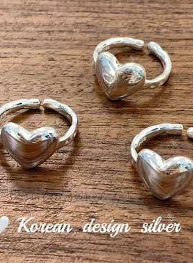 韩国ins博主同款饰品 S925纯银光面爱心形简约戒指开口小众