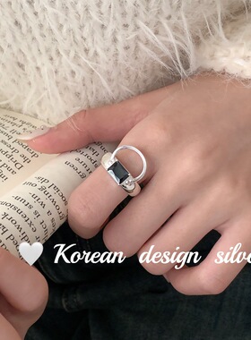 韩国亮面ins风银饰品 S925纯银方形黑玛瑙镂空圆戒指 可调节指环