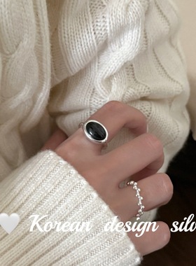 韩国冷淡风小众设计银饰 S925纯银简约椭圆黑玛瑙戒指通勤高级感