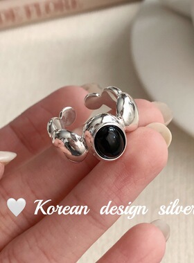 韩国小众设计饰品  通体S925纯银椭圆衔接黑玛瑙戒指 高级开口
