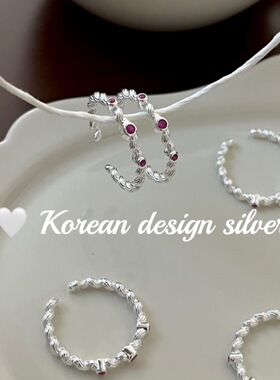 韩国秋冬轻奢新款银饰 S925纯银竖条纹麻花红锆石戒指叠戴高级感