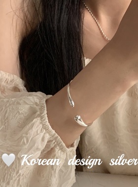 韩国设计款S925纯银亮面不对称开口设计手镯 ins风手环女 叠戴