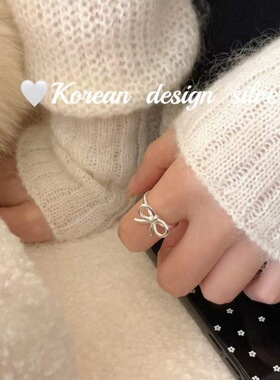 韩国东大门ins简约亮银饰品 S925纯银镂空蝴蝶结戒指可爱清新百搭
