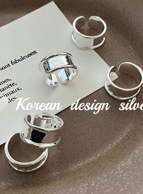 韩国个性冷淡ins风银手饰品 S925纯银 时髦简约宽版光面戒指百搭