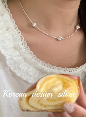 韩国东大门手工银饰 S925纯银简约气质车花管猫眼珠项链小众设计