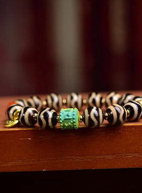 藏区天然水纹天珠文玩手串单圈玛瑙阿呆松石回流骨配饰复古手链