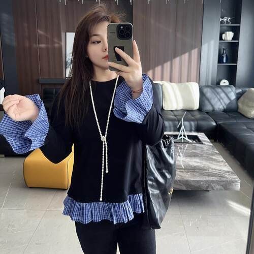 设计感木耳边 大码女装胖mm2025年秋装冬装新款长袖打底衫t恤上衣 - 图1