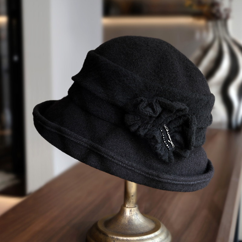 小野商 贵妇澳洲羊毛毡帽高端版秋冬帽子女保暖花朵卷边盆帽时尚,淘宝优惠券,粉丝福利购,淘宝优惠卷