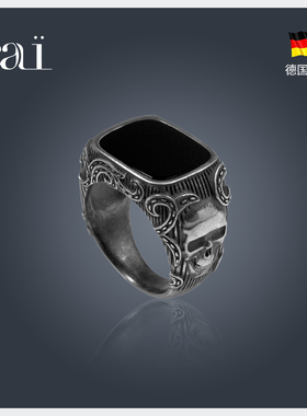 cai纯银黑玛瑙骷髅不褪色戒指
