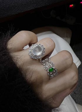 新款透白色白月光蛋面戒指镶嵌石英岩玉石女戒椭圆形小鸽子蛋戒面