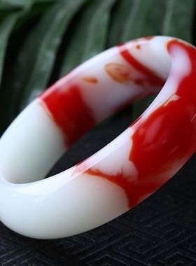 外蒙料新疆鸡血红白玉石手镯戈壁玉飘花大红玉镯鸡血玉器镯子