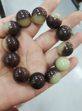 和田玉聚宝盆手串 青花手串圆珠玉质细腻温润,两色分明