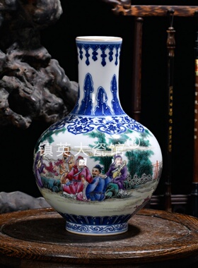 景德镇陶瓷花瓶手绘青花斗粉彩竹林七贤中式博古架明清古典摆件