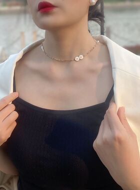 天然锆石彩虹项链贝壳小雏菊花锁骨链天然珍珠颈链极细2mm亮晶晶