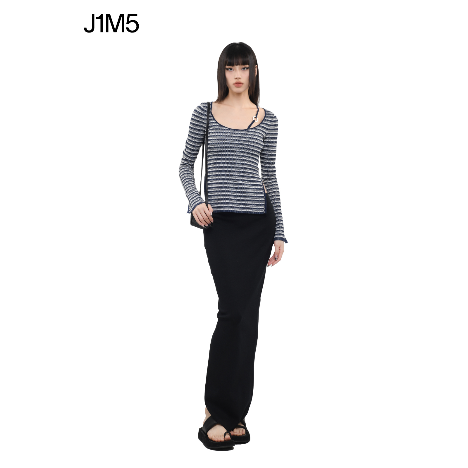 J1M5买手店 DEEPMOSS 23春夏新品蓝白条纹金属环开叉上衣T恤女 - 图2