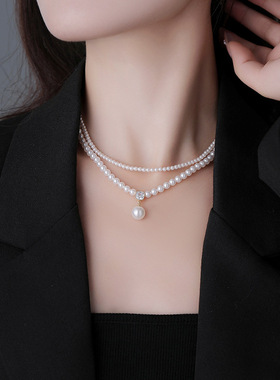 双层叠戴珍珠项链配饰女轻奢小众时尚锁骨链穿搭串珠吊坠颈链饰品