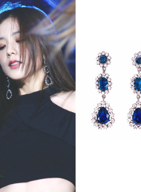 现货YoungWon韩国正品BlackPink金智秀同款奢华蓝水晶耳环925银针