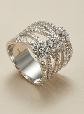 AHCHOO 静奢风重工缠绕花朵满钻莫桑石戒指925银繁星指环520礼物