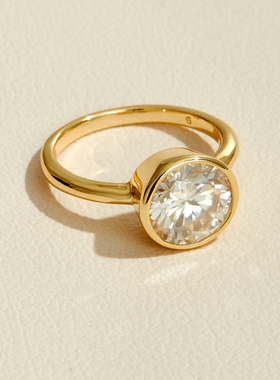 AHCHOO 静奢小众圆形莫桑石戒指简约设计高级感925银金色指环情侣