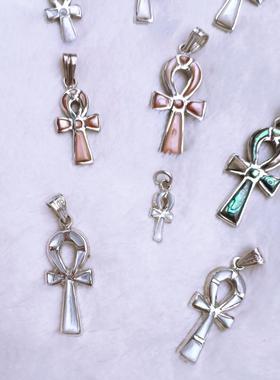 埃及手工银饰首饰天然彩贝壳贝母镶嵌安卡安克生命之匙十字架项坠