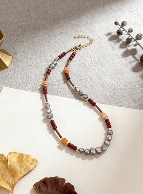 复古小众设计感毛衣链手工女款天然石礼物送女友法式淡水珍珠手链