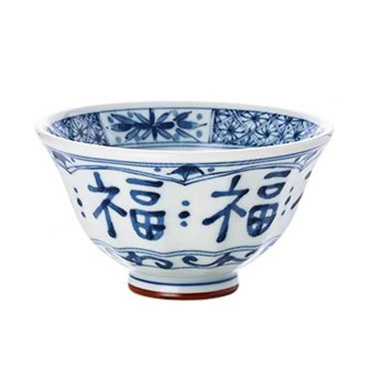 蓝凛堂米饭碗日本进口陶瓷福字反口碗日式家用陶瓷饭碗高脚防烫碗