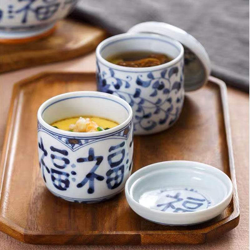 日本进口蓝凛堂炖盅家用陶瓷蛋盅隔水炖汤盅日式甜品碗蒸蛋碗