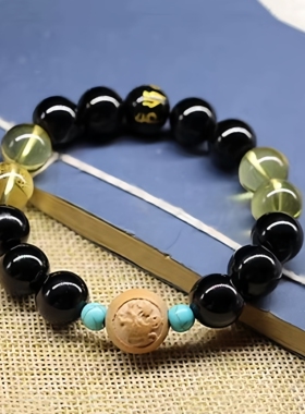桃木生肖补水火土玛瑙黄水晶手链