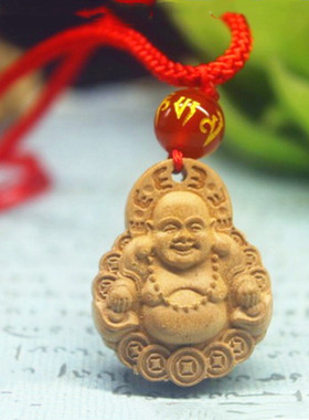 桃木弥勒佛吊坠原木双面观音项链