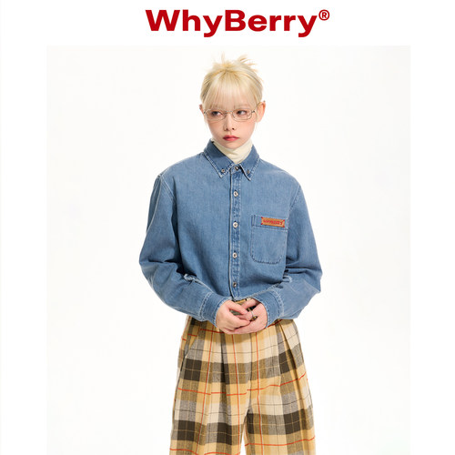 WhyBerry 22AW“Bai搭丹宁”短款衬衫外套复古毛边牛仔衬衣女 - 图0