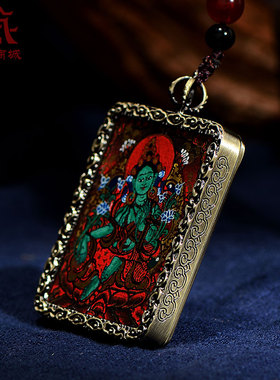 藏村手绘绿度母唐卡吊坠