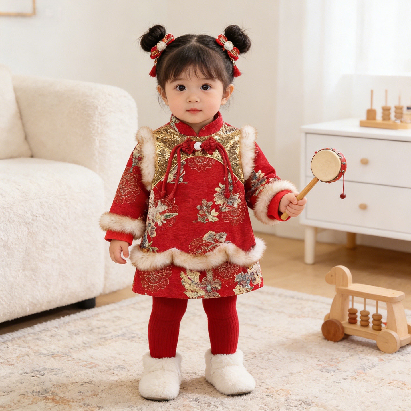 女宝宝冬季新年拜年服裙子女童新年复古中国风加绒周岁公主连衣裙,淘宝优惠券,粉丝福利购,淘宝优惠卷