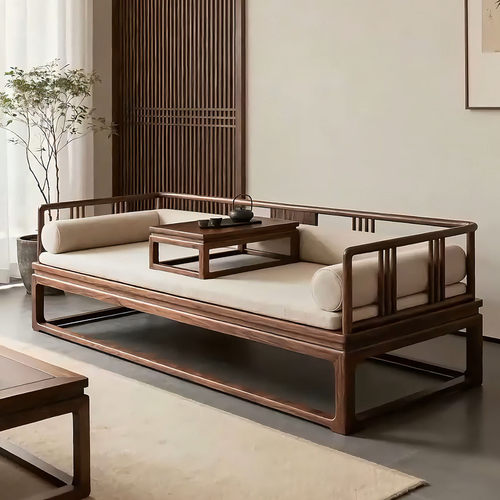 新中式北美黑胡桃木罗汉床宋式美学极简贵妃床榻客厅实木布艺沙发 - 图0