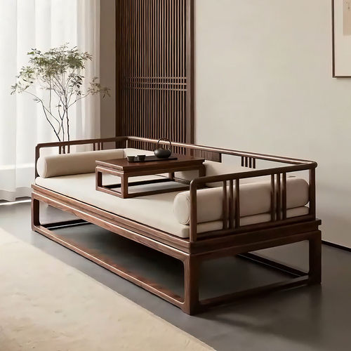 新中式北美黑胡桃木罗汉床宋式美学极简贵妃床榻客厅实木布艺沙发 - 图2