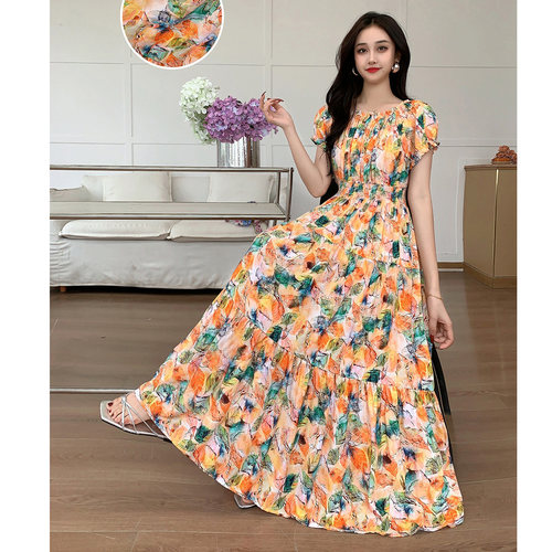 一字肩两穿纯欲棉绸碎花连衣裙长裙夏季短袖沙滩裙波西米亚度假裙 - 图3