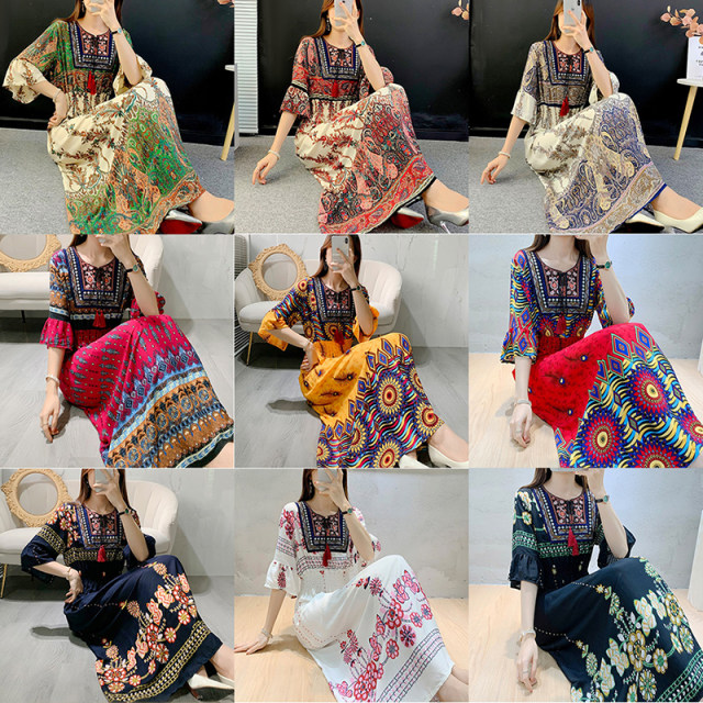 Retro ethnic style long skirt with tassels, high waist, large hem skirt, floral cotton silk dress, bohemian beach skirt