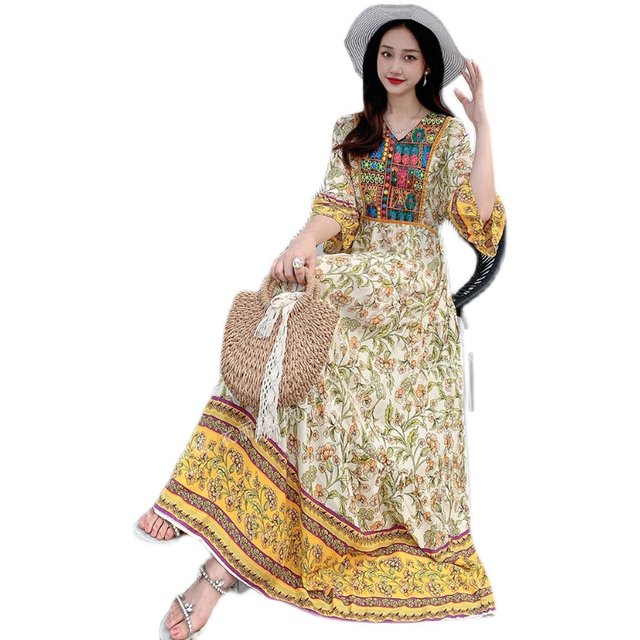 Ethnic style large skirt cotton silk floral embroidery long style