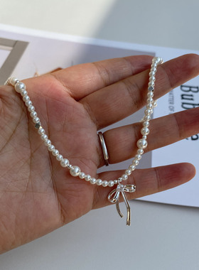 防过敏不掉色 韩版小清新甜美风珍珠蝴蝶结吊坠项链 日常百搭简约