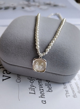 防过敏不掉色 高级感ins风 甜美白搭方形贝壳吊坠项链 珍珠配饰女