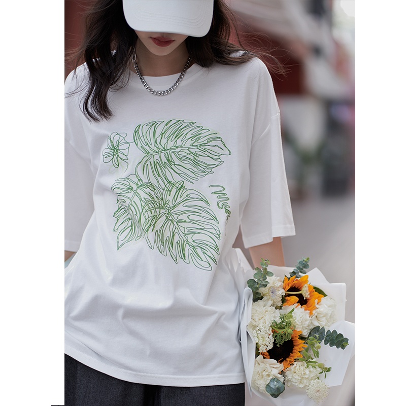 简约朴素风绿色线条叶子印花圆领23夏季白色T恤女百搭情侣款体恤 - 图0