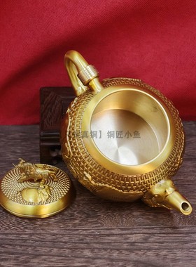 新款纯黄铜五牛图茶壶摆件