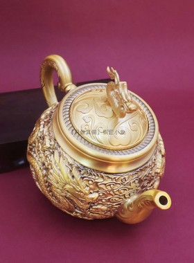 纯黄铜龙凤茶壶茶杯国风高档摆件