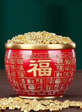 红色百福铜缸摆件大小号玄关摆件