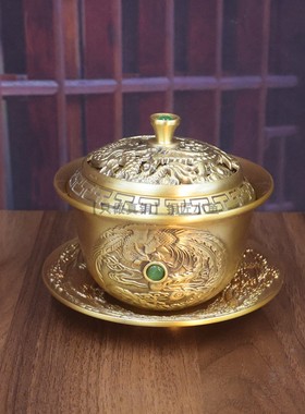 纯黄铜宝石龙凤盖碗盖可旋转国风