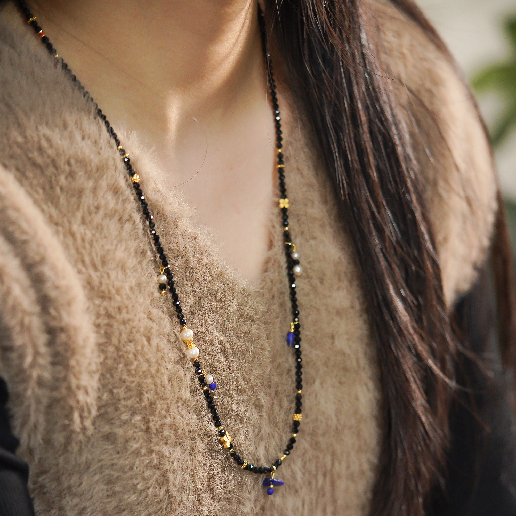 原创设计暗夜星辰黑尖晶天然珍珠青金石串珠长款项链女复古毛衣链,淘宝优惠券,粉丝福利购,淘宝优惠卷
