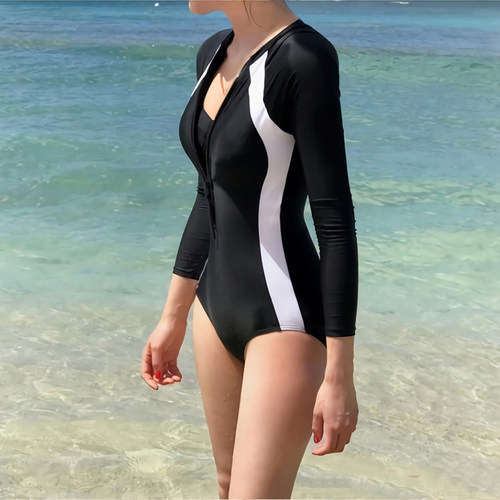 潜水服保守泳衣女显瘦长袖冲浪服连体裙式水母防晒游泳衣温泉泳装 - 图2