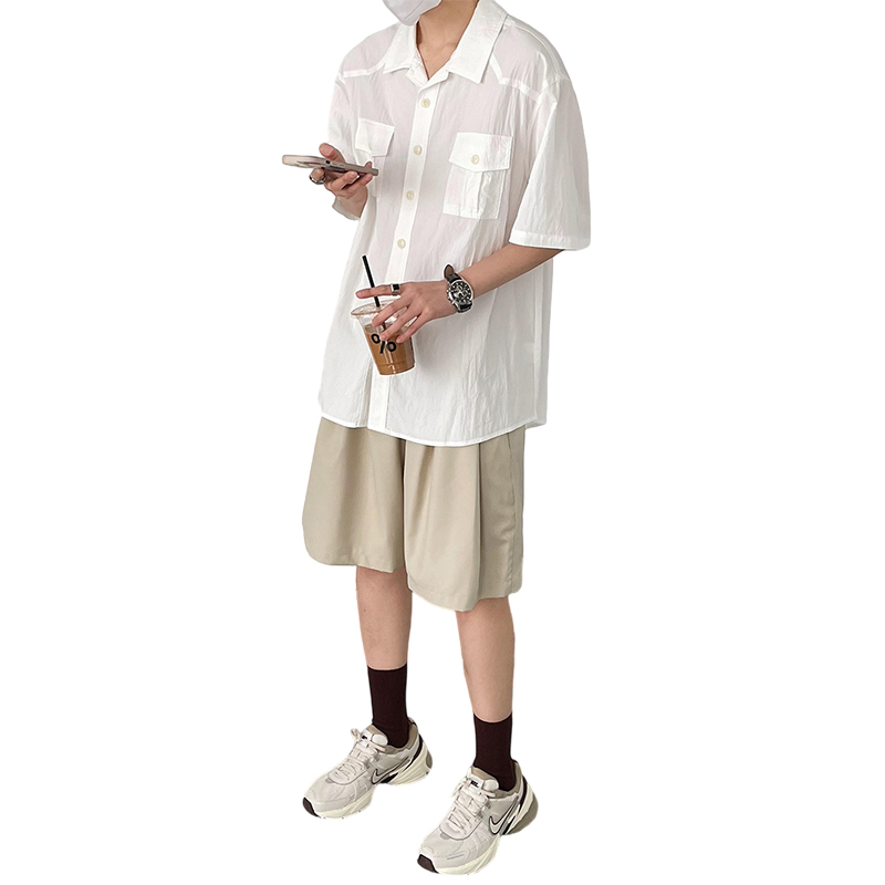 夏季新款韩版时髦暗褶复古双口袋宽松休闲短袖衬衫男士宽松衬衣潮 - 图3